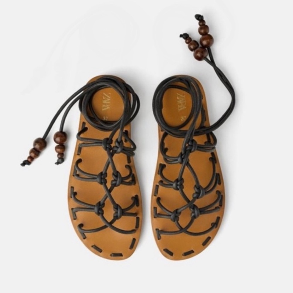 Zara Tied beaded natural sandals Size 39/8 NWT